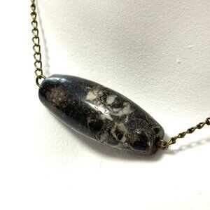 Natural Black & White Orthoceras Fossil Short Necklace, Gemstone & Bronze Chain